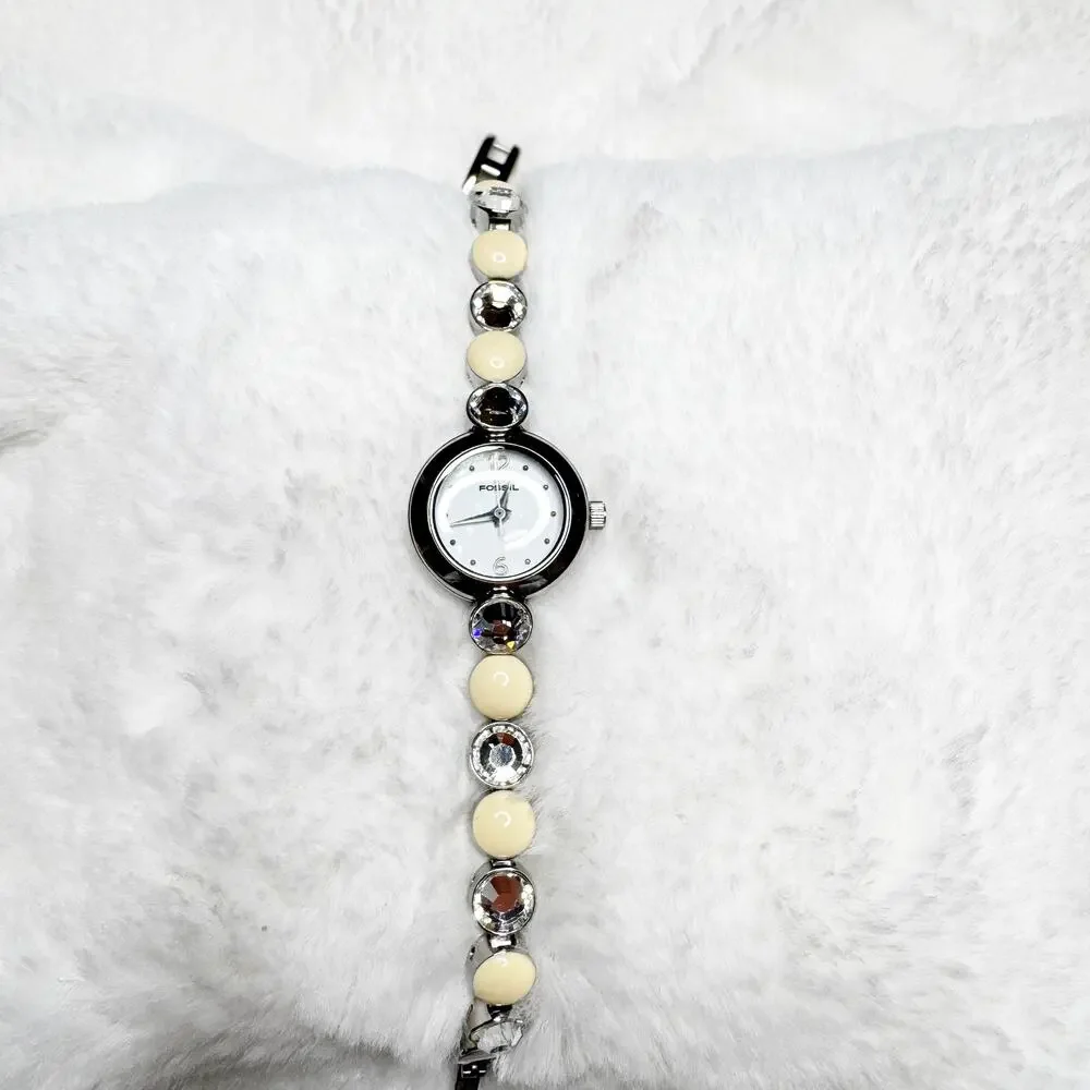 FOSSIL F2 Women's Studded Pearl & Clear Stone Band Silver Metal Watch